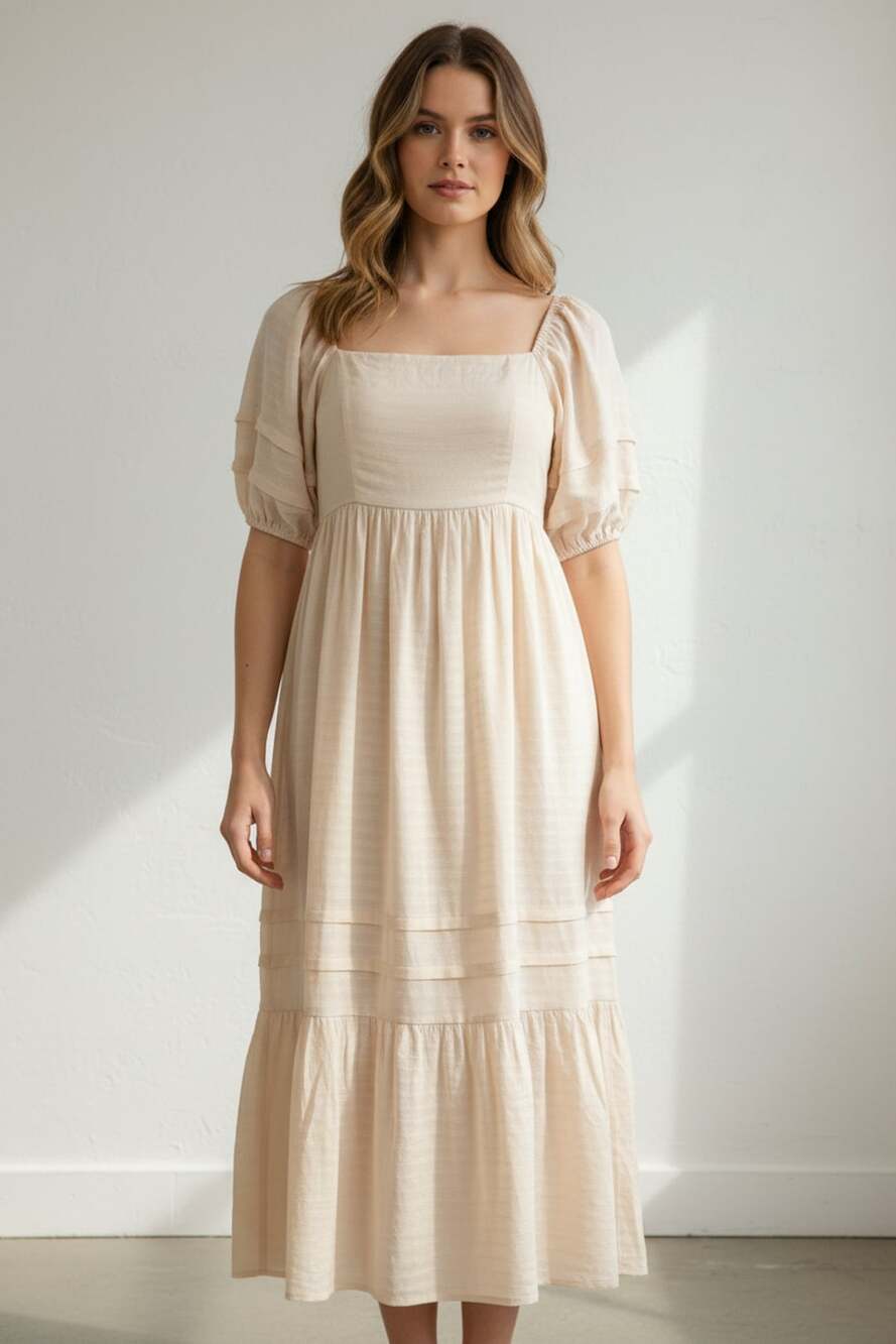 Vici Women's Small Beige Puff Sleeve Tie Back Midi Dress